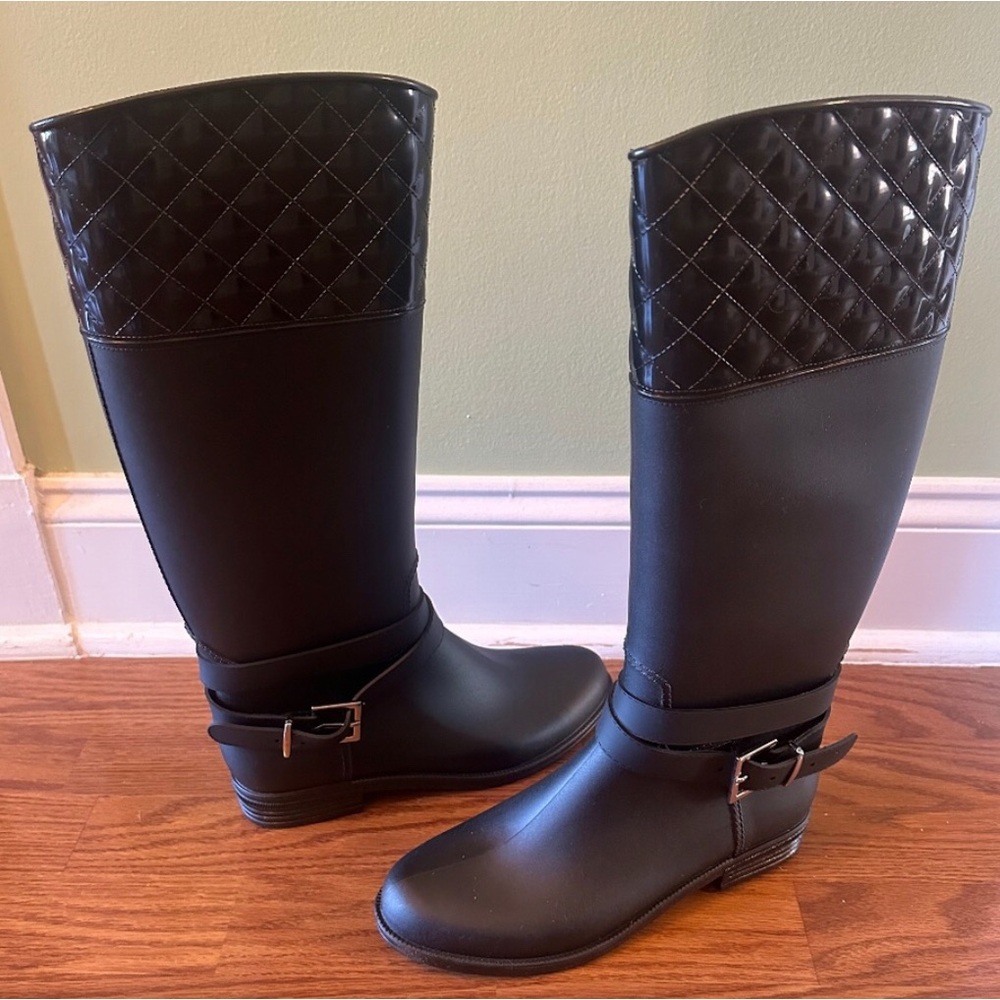 SOLD - Yoki Black Rubber Knee High Boots Size 10